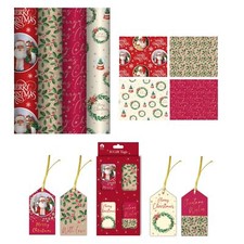 4 x 4M Traditional Christmas Wrapping Paper Rolls Xmas Gift Wrap & 16 Gift Tags
