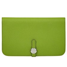 HERMES Dogon GM Leather Long Wallet Anis Green Silver