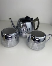 Vtg 1950s 3 Piece Teapot Coffee Set Service Swan Cromalin Chrome Willo Ware 0