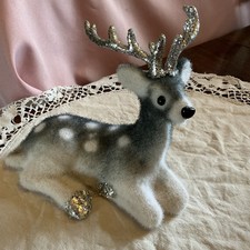 Christmas Sitting Grey White & Silver Sparkle Sitting reindeer Flock figurine