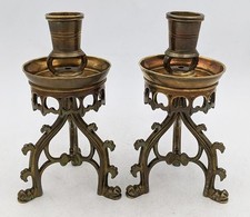 GOTHIC REVIVAL MANNER HART SON & PEARD PAIR BRASS CANDLESTICKS c1850's