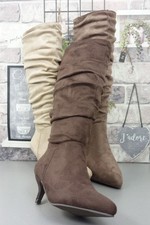 womens point kitten heel knee high tall boots ruffle slouch ladies faux suede