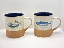 2 Nautical Ceramic Mugs Fish Two Tone Glaze Stoneware Large Coffee Tea Cups New