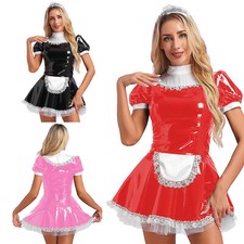 Womens Metallic Leather French Maid Costumes Sexy Tutu Dress Apron Fancy Dresses