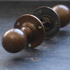Pair: 1930s Bronze Door Knobs / Door Handles - Rosettes & spindle,  ready to fit