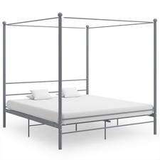 Canopy Bed Frame Grey Powder-Coated Metal 200x200cm Modern Four-Poster Sturdy UK