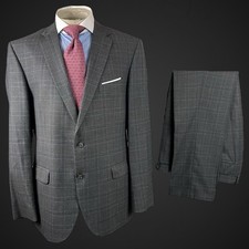Baumler Suit Men’s 2PC Grey 44R 36R Windowpane Check Blue Business City Italian 
