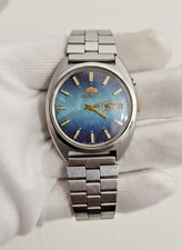 Vintage Orient Japan Automatic 21 Jewels Day/Date Rare Blue Dial Mens Watch Push