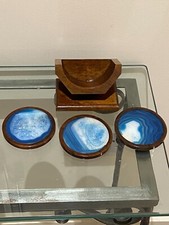 Vintage Brazilian AGATE Blue STONE COASTER SET (3) WITH WOOD HOLDER