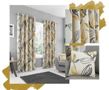 One Pair Of ENZLY Ochre Grey Eyelet Ring Top Fully Lined Curtains Painted Design