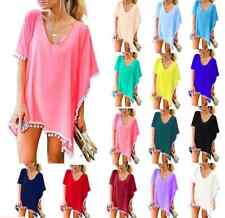 Women Bikini Cover Up Beach Satin Dress For Swim Pom Pom Trim Kaftan Chiffon