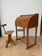 Child’s tambour roller top desk mid century ply with matching stool