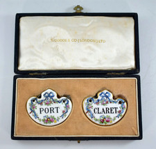 ANTIQUE CROWN STAFFORDSHIRE CHINA DECANTER LABELS PORT & CLARET in FITTED CASE