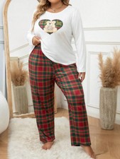 PYJAMA PLUS SIZE 20 24 MULTI HEART TEDDY PLAID TARTAN STRETCH LOUNGEWEAR COMFORT