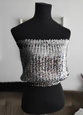 VINTAGE BERNSHAW 70S 80S DISCO BLOUSEY SEQUIN SILVER METALLIC BOOB TUBE TOP