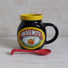 Marmite Mug Black Yellow Jar Shape Ceramic H 10.5cm Food Advert Logo + Spoon