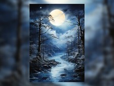 Whispering Serenity: Oil Painting Print of a Moonlit Landscape And River  5"x7"