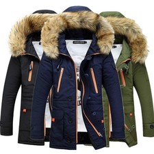 UK Mens Winter Warm Trench Coat Fur Hooded Jacket Parker Padded Overcoat Outwear
