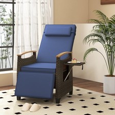 Outdoor Rattan Recliner Chair Wicker Reclining Lounge Chair w/ Armrests Navy