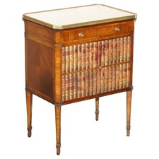 ANTIQUE CIR 1920 FAUX STACK OF BOOKS LEATHER CARRARA MARBLE SIDE TABLE DRAWERS