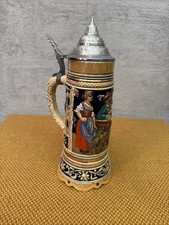 Vintage Reuge German Musical Beer Stein with Pewter Lid, HandPainted Ceramic 12”