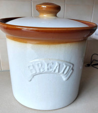 Vintage Large Round Heavy Ceramic Bread Bin - Cream/Brown- Excellent