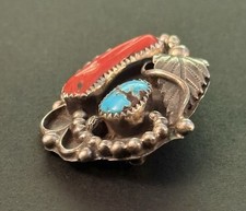Signed sterling silver, red coral and turquoise Navajo brooch, AJ Williams 10.3g