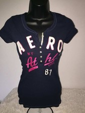 NWT AEROPOSTALE VNeck Short Sleeve Ribbed Henley Juniors/Women Navy/Pink