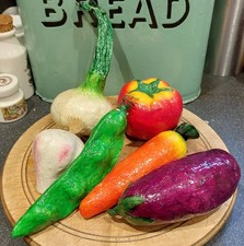 6 Pieces Of Vintage Hand Crafted Hand Painted Paper Mache Fruit And Vegetables.