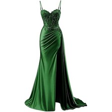 Pleated Satin Mermaid Bridesmaid Dresses w/ Slit Off Shoulder Long Formal Dress