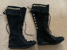 Minnetonka Boho Womens Black Suede Fringe Moccasins Knee Boots Studs 37 UK4 US6
