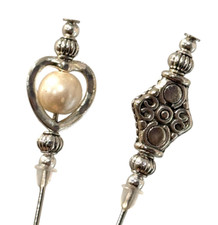 2X HAT PINS IVORY PEARL HEART TIBETAN SILVER HAT PINS 5" LONG WITH PIN PROTECTOR
