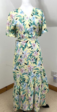 LA Look Again MIDI Wrap Dress Size 12 Yellow & White Pink Floral Tie Belt Waist