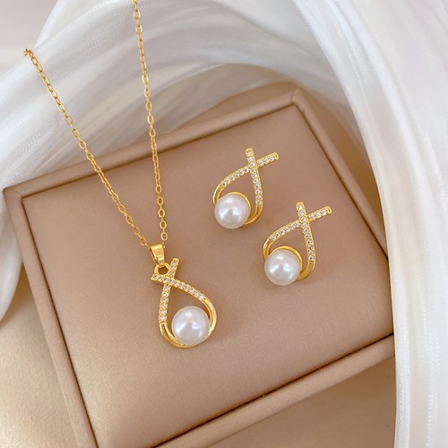 Cross pearl necklace earrings - necklace,