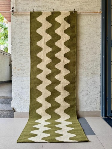 Olive green cream wool runner - wool,