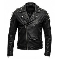 Black Cowhide Leather Biker Jacket with Spikes and Studs: Edgy Punk Rock Outerwe