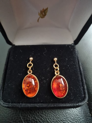 9ct yellow gold - amber, earrings