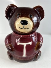 VINTAGE OVER and BACK TEDDY BEAR COOKIE JAR - COLLEGIATE 'T' SWEATER 12" TALL