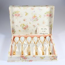 Simco Japan Gold Plated Porcelain Teaspoons Set 6 Floral Gift Box Vintage