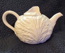Large Vintage Majolica Style Pottery White Cabbage Design Teapot