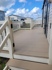 Caravan Decking,  Wrap Around  Side and Front. Cream Balustrade With Coffee Deck