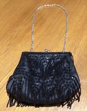 Black Satin Sequin Bead Tassel Clutch Bag Purse Handbag Great Gatsby Deco 