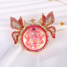 Sun Moon Face Brooch Red