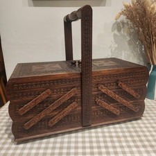 Vintage Antique Accordian Style Sewing Box Tier Hand Carved Wood