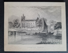 Antique 1851 print - All Saints Church - Isleworth - River Thames - London