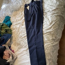 Monsoon Women's Linen Wide Straight Leg Trousers Navy Blue, Size 14 With Belt