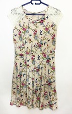 Oasis Cream, Pink & Blue Floral & Bird Print Lace Trimmed Dress Medium - (#D58)