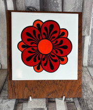 Vintage 1970s Ceramic Tile Teak Jan Pienkowski Red Orange Flower Wall Art Plaque