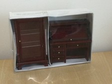 1:12th DOLLS HOUSE FURNITURE SET MAHOGANY ROLL TOP DESK & DISPLAY CABINET BOXED