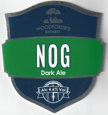 USED CURVED PUMP CLIP FRONT - WOODFORDE'S BREWERY - NOG DARK ALE